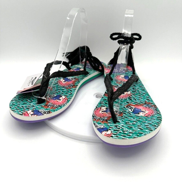 NWT Roxy x Stella Jean Cannes Sandals Ankle Wrap US 10 Tropical Green Beach Boho - Picture 2 of 10